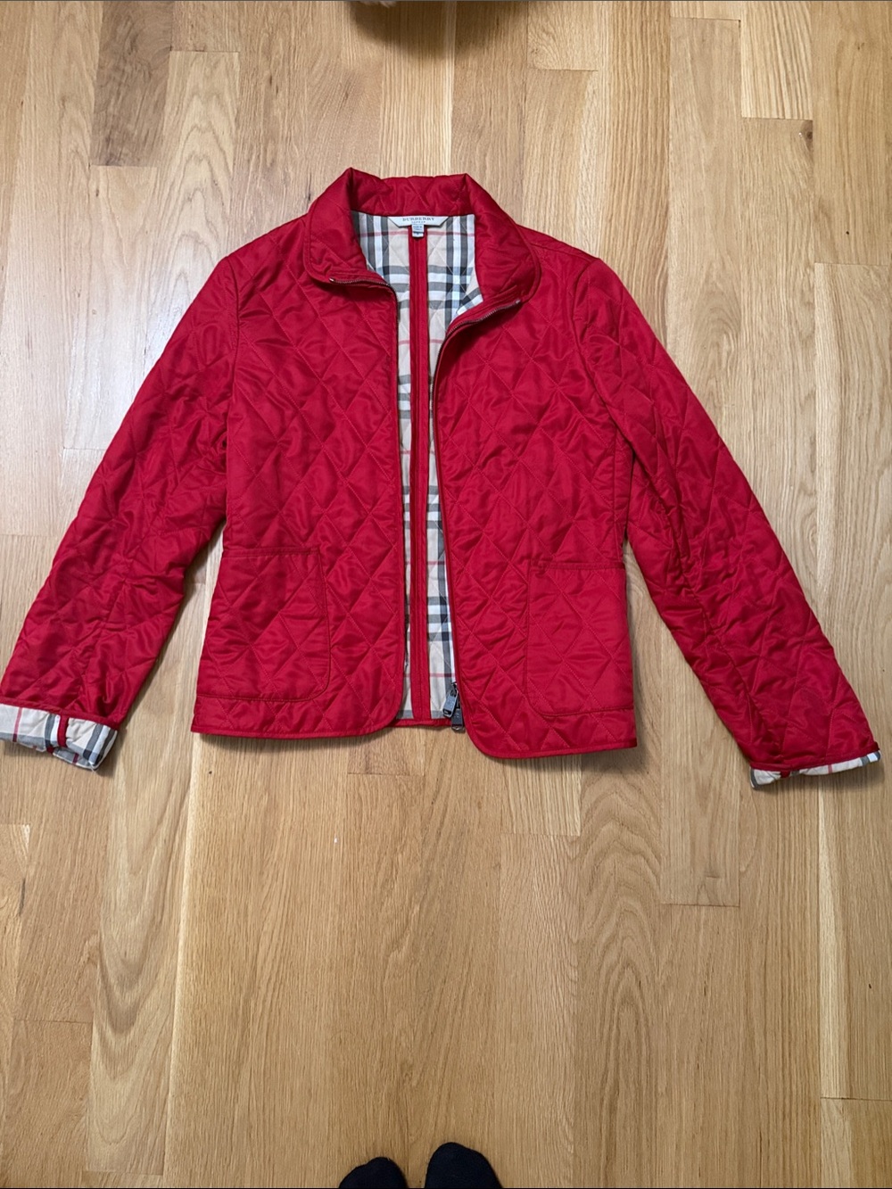 Burberry Quilted Red Bomber Jacket with Signature Plaid Lining
